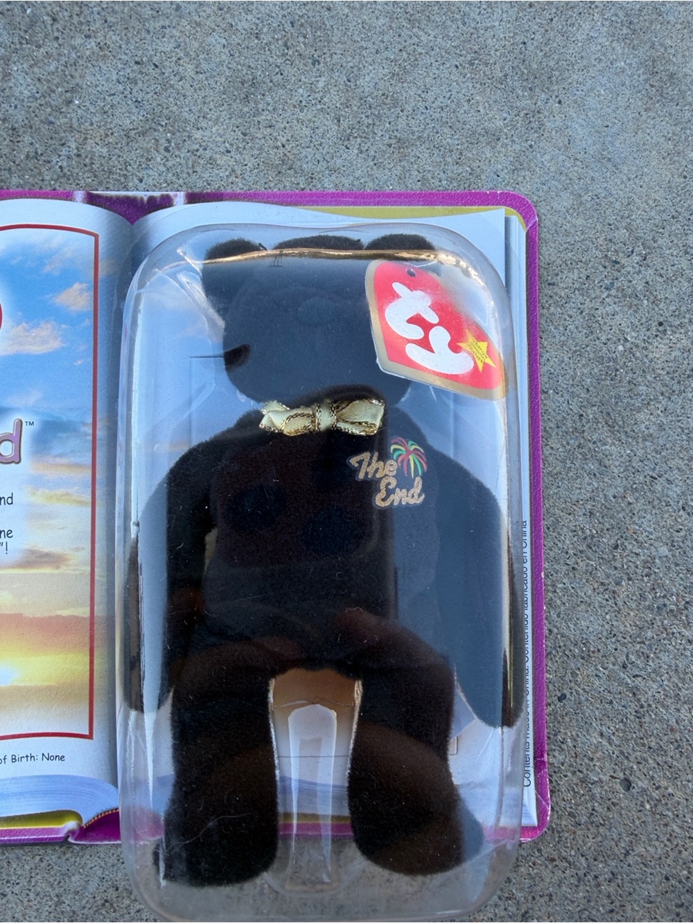 Ty Black Bear Plush with Gold Bow and 'The End' Embroidery